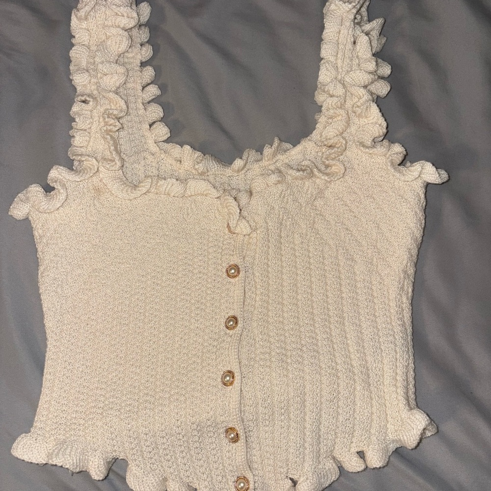 SHEIN Cream Buttoned Ruffle Tank Top